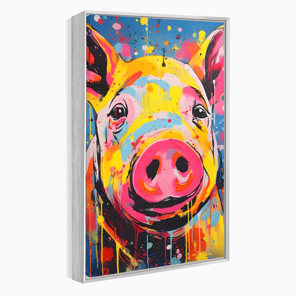 Tablou canvas cu tablou canvas portret de porc colorat, in rama de aluminiu argintiu